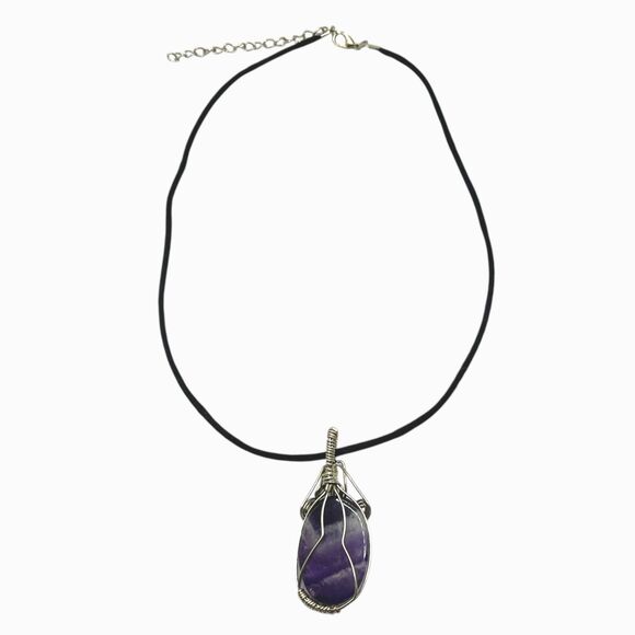 Wire Wrapped Purple Stone Pendant Necklace Black Cord Bohemian Mineral Jewelry - Picture 3 of 9